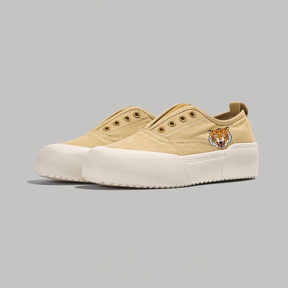Beige Tiger Emblem Platform Slip-On Sneakers